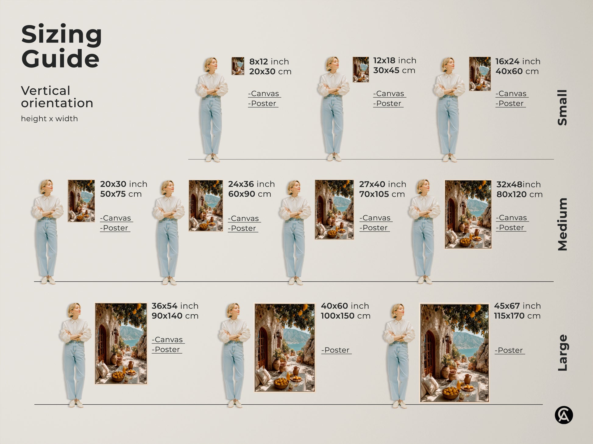 Sizing guide for Mediterranean Lemon Tree canvas and poster prints. Vertical orientation options are shown. Available in small medium and large sizes perfect for any space needing coastal artwork.