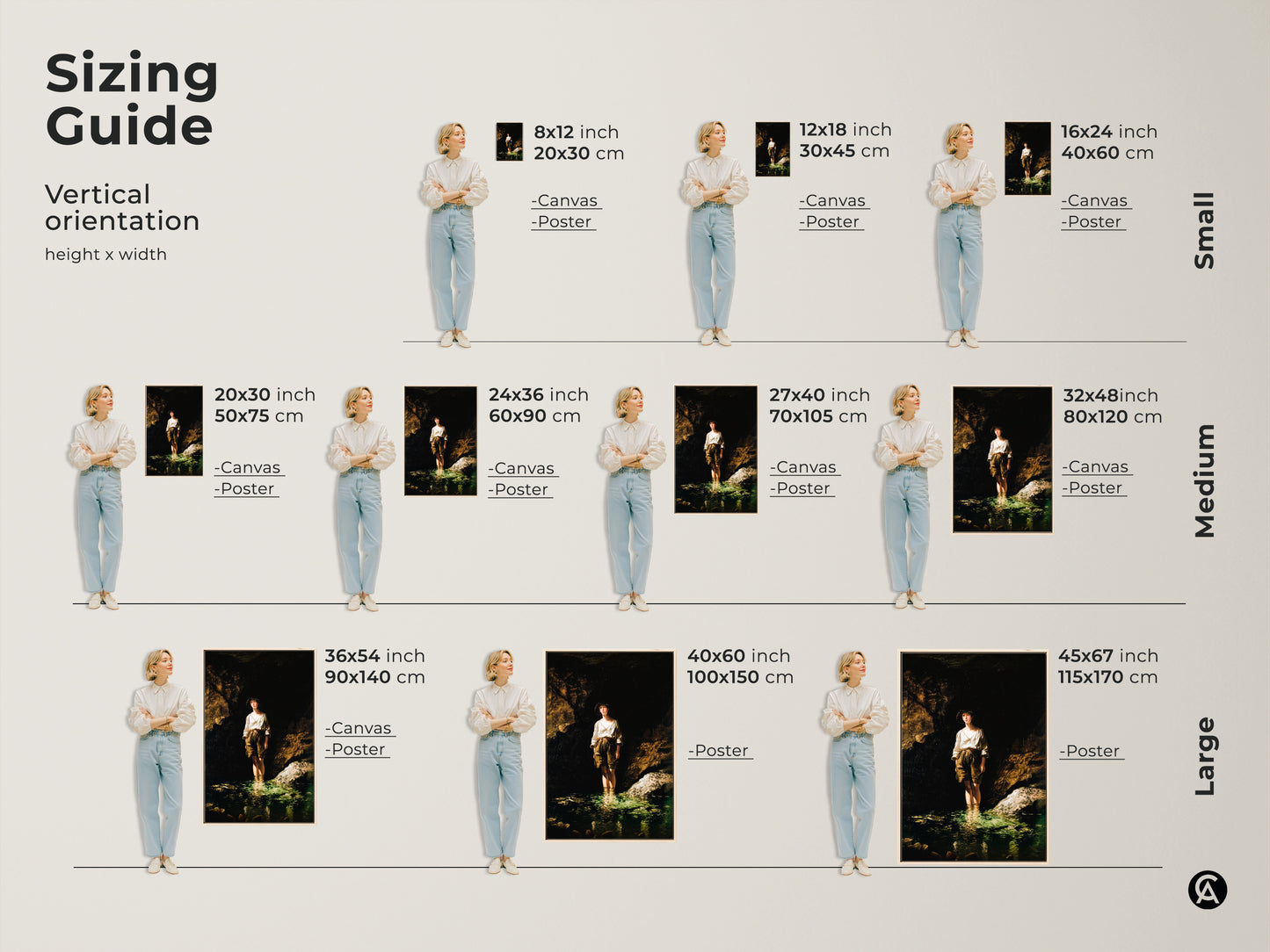 Sizing guide shows the vertical orientations of the artwork. Visualize canvas and poster prints of the boy in river artwork. Choose from small medium or large sizes for your perfect fit. Ideal for home and residential spaces.