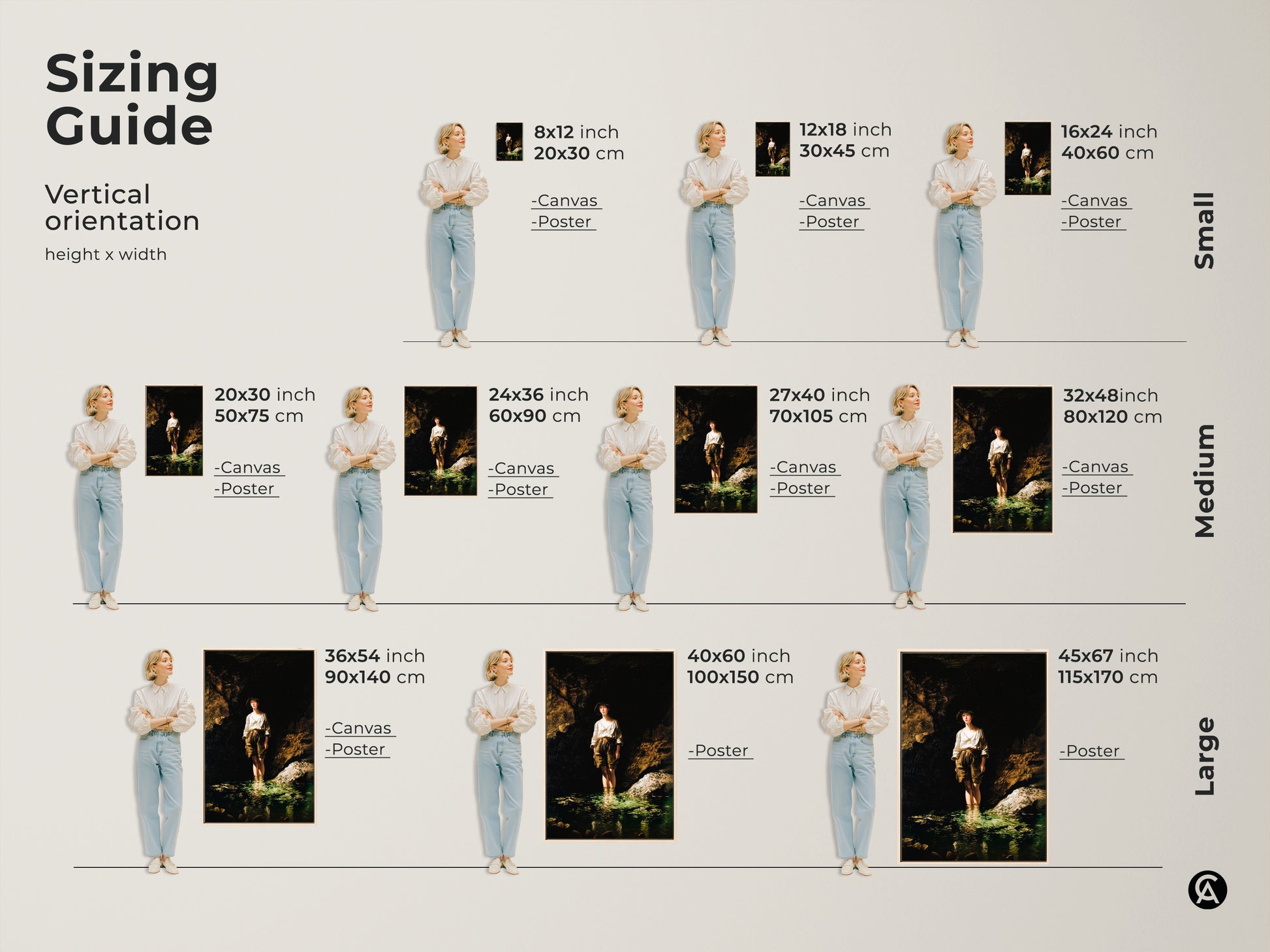 Sizing guide shows the vertical orientations of the artwork. Visualize canvas and poster prints of the boy in river artwork. Choose from small medium or large sizes for your perfect fit. Ideal for home and residential spaces.