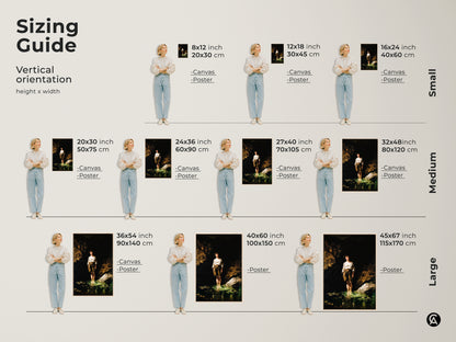 Sizing guide shows the vertical orientations of the artwork. Visualize canvas and poster prints of the boy in river artwork. Choose from small medium or large sizes for your perfect fit. Ideal for home and residential spaces.