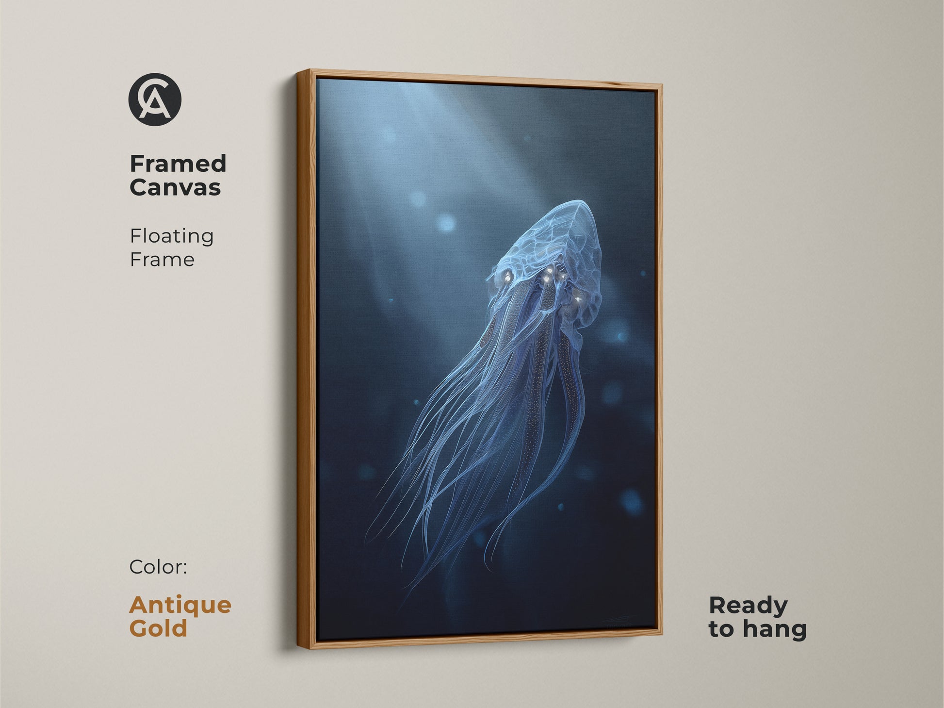 Antique gold framed canvas of a surreal jellyfish. The floating frame highlights the electric blue and cyan colors. A captivating piece of contemporary fantasy artwork for marine life art lovers.