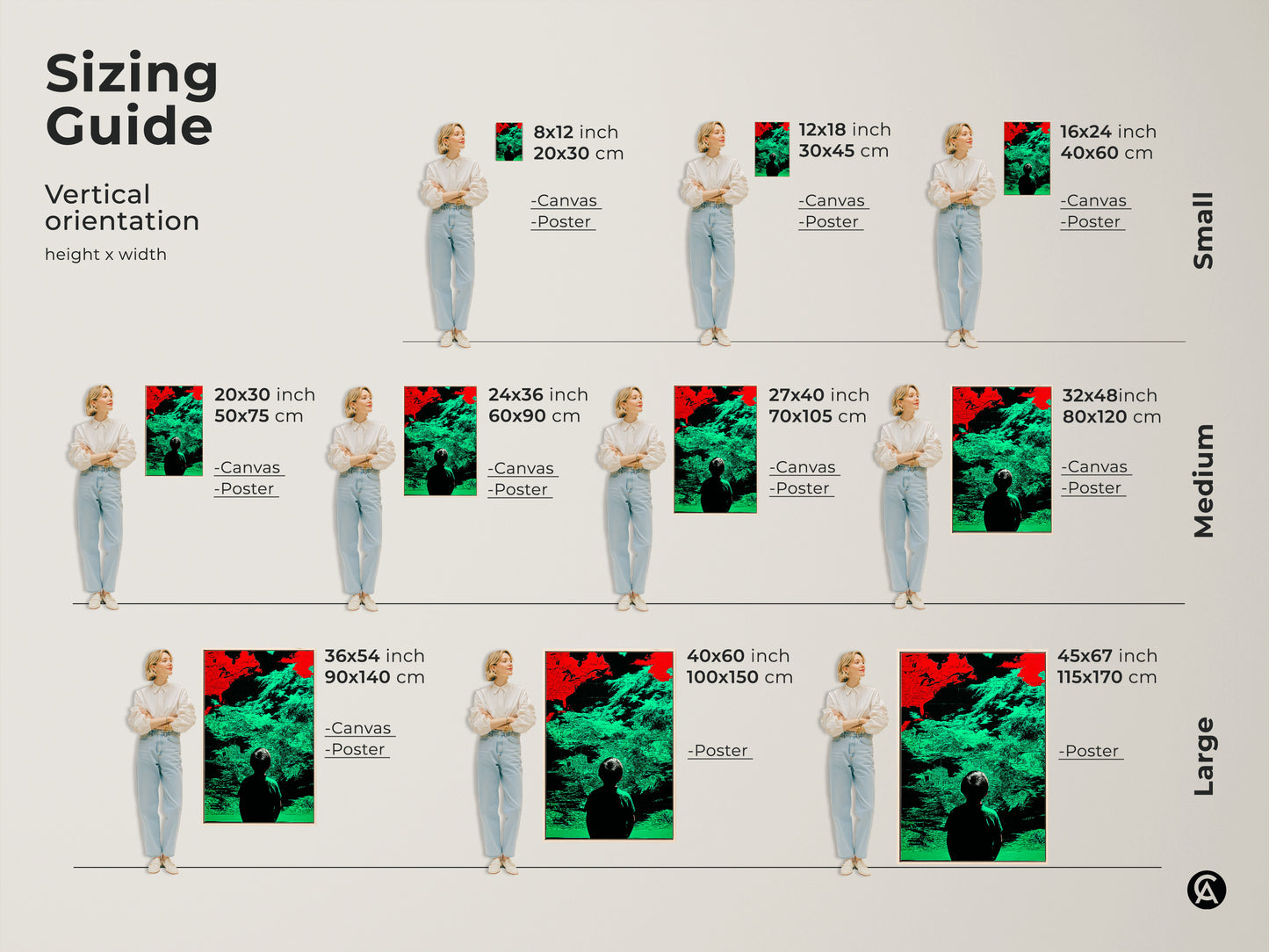 Sizing guide for surreal abstract map wall art featuring a red and green glitch art canvas. Vertical orientation options include small medium and large sizes. Visualize how the child silhouette art print will fit in your space. Perfect for adding conceptual figurative art to any room.