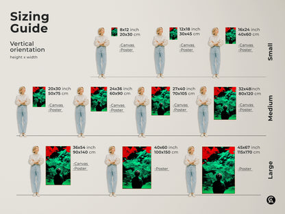 Sizing guide for surreal abstract map wall art featuring a red and green glitch art canvas. Vertical orientation options include small medium and large sizes. Visualize how the child silhouette art print will fit in your space. Perfect for adding conceptual figurative art to any room.
