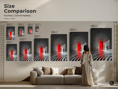 Size comparison of the optical illusion art. See how the artwork fits above a sofa. Imagine the red door and zebra stripe tunnel art in your living space. Various sizes available for canvas and poster.