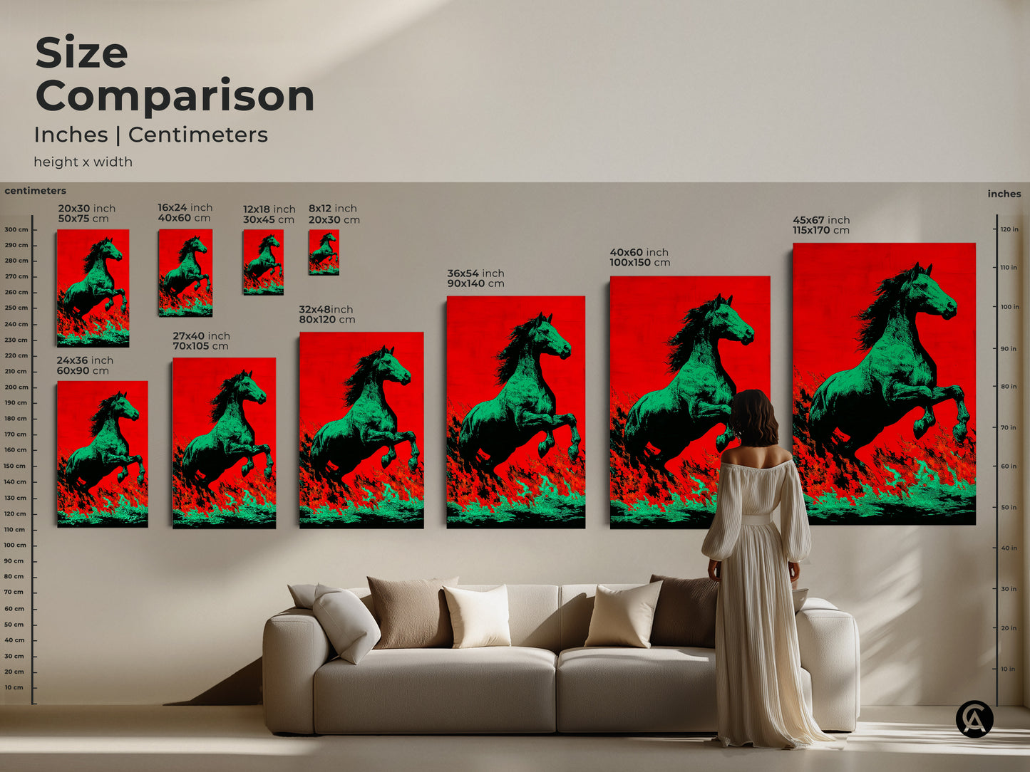 Size comparison of the green horse artwork in inches and centimeters. The artwork features a red and orange background. It is displayed in various sizes above a sofa. Sizes range from small to large. The artwork is available as canvas or poster. Find the perfect size for your space.