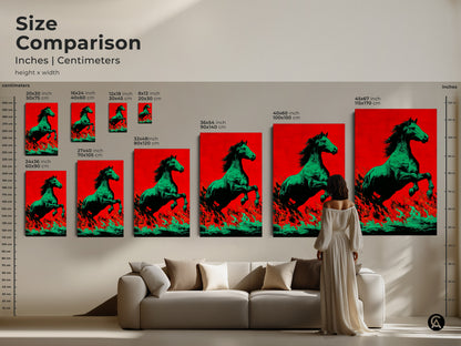 Size comparison of the green horse artwork in inches and centimeters. The artwork features a red and orange background. It is displayed in various sizes above a sofa. Sizes range from small to large. The artwork is available as canvas or poster. Find the perfect size for your space.