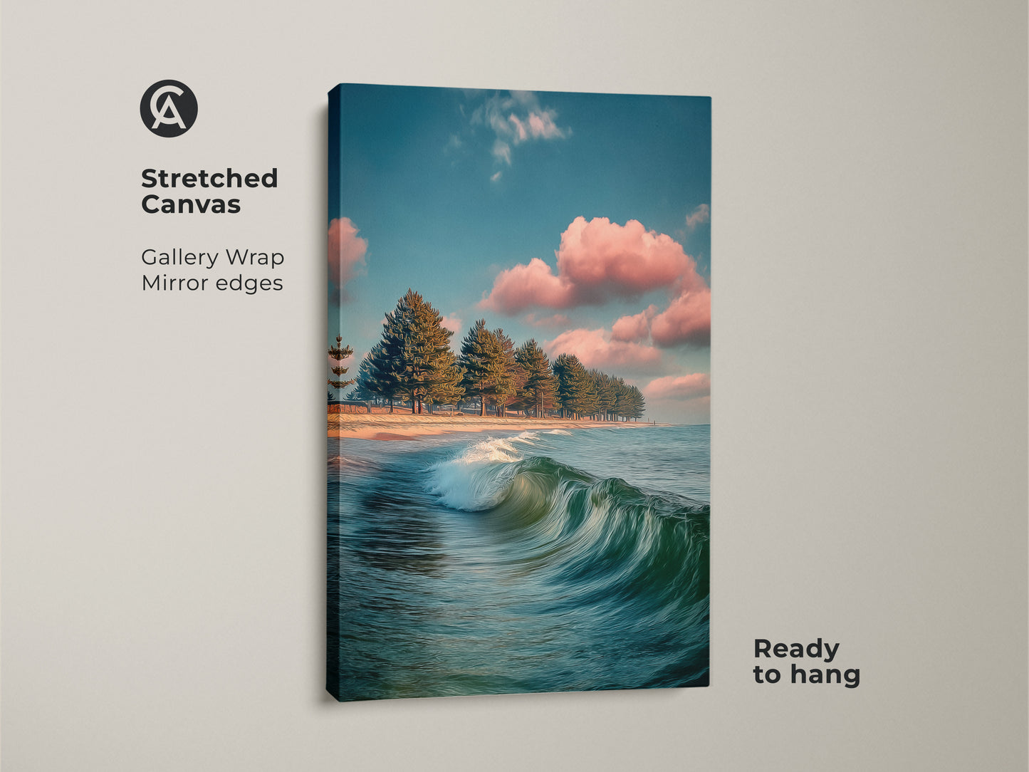 Stretched canvas ocean wave art print. Gallery wrap mirrors the edges. Coastal landscape artwork shows pine trees on a beach. Ready to hang teal blue seascape brings calming nature art.