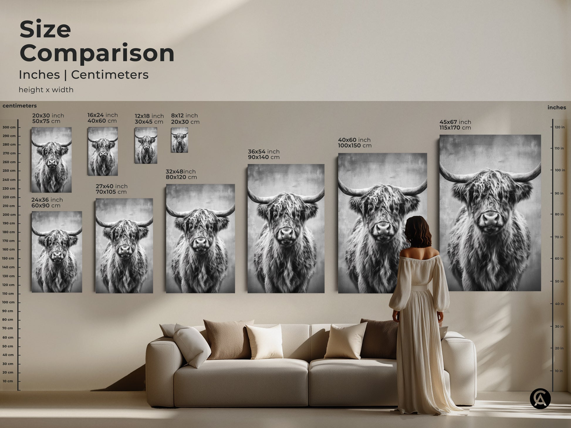 Size comparison of monochrome Highland Cow artwork in inches and centimeters. See various sizes perfect for any space. From small prints to large statement pieces. Ideal for farmhouse decor. The rustic animal art adds charm.