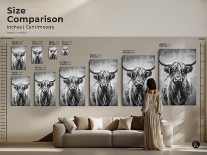Size comparison of monochrome Highland Cow artwork in inches and centimeters. See various sizes perfect for any space. From small prints to large statement pieces. Ideal for farmhouse decor. The rustic animal art adds charm.
