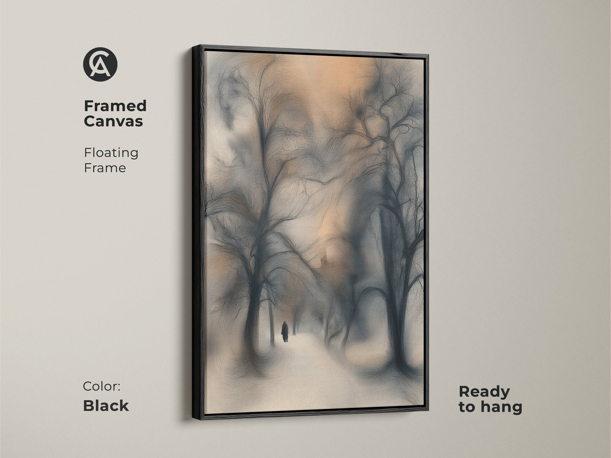 Framed in black this canvas print shows an atmospheric winter landscape. The art displays blue gray orange tones. A solitary figure walks a snowy path. This nature scene is ready to hang adding cozy art to your home.