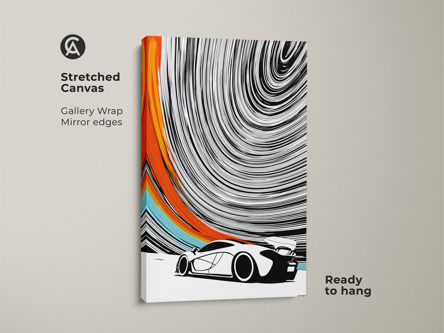 This stretched canvas features a dynamic speed swirl wall art. The gallery wrap with mirrored edges add a modern touch. Ready to hang this abstract sports car print will enhance any room. Black white orange art is a car lover gift idea. Add this automotive canvas to your wall today.