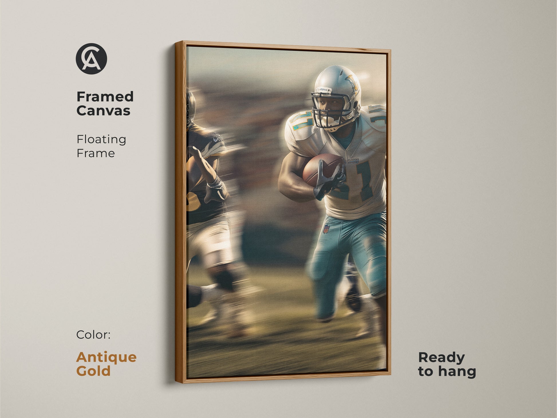 Elevate your interior with this framed canvas football player artwork. The contemporary sports art features an antique gold floating frame. Highlighting the dynamic action in striking blue and teal colors. This ready to hang piece adds a touch of sophistication to any room. Perfect for a sports themed office or a gift for a football fan.
