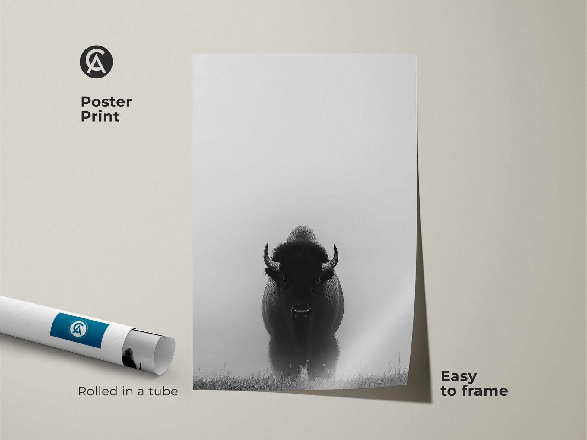 A poster print showcases a minimalist bison artwork. The black and white prairie canvas adds a rustic touch. The wildlife animal landscape print is easy to frame and comes rolled in a tube.