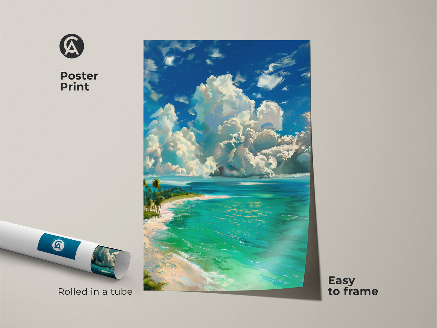 Bring a touch of paradise home with this rolled poster print. The vibrant beach scene showcases a turquoise ocean white sand and swaying palm trees. It ships in a tube ready for easy framing to match your decor.