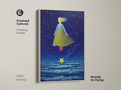Framed canvas art print featuring a celestial girl floating in a starry night. The floating frame adds a touch of elegance to this fantasy art. Perfect for a boho nursery or kids room this framed canvas is ready to hang and will bring a magical dream art vibe. The frame is White.