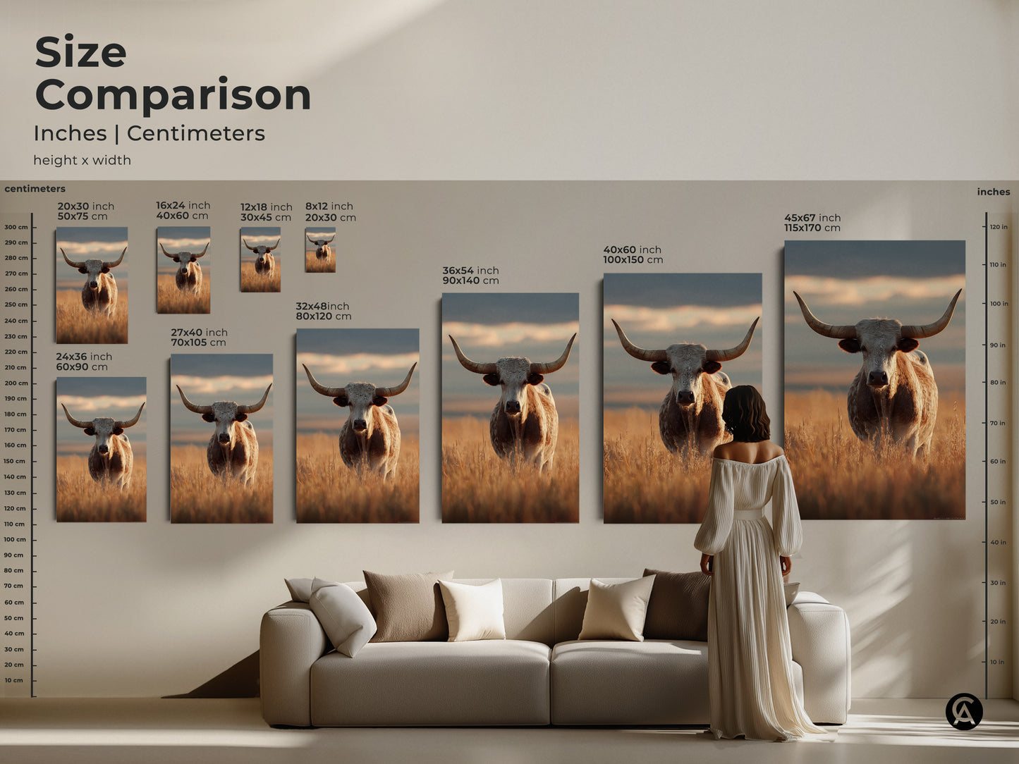 Size comparison of longhorn cattle artwork in inches and centimeters. See how different sizes of this farmhouse art will look in your living room. Perfect beige and goldenrod animal print for any home.