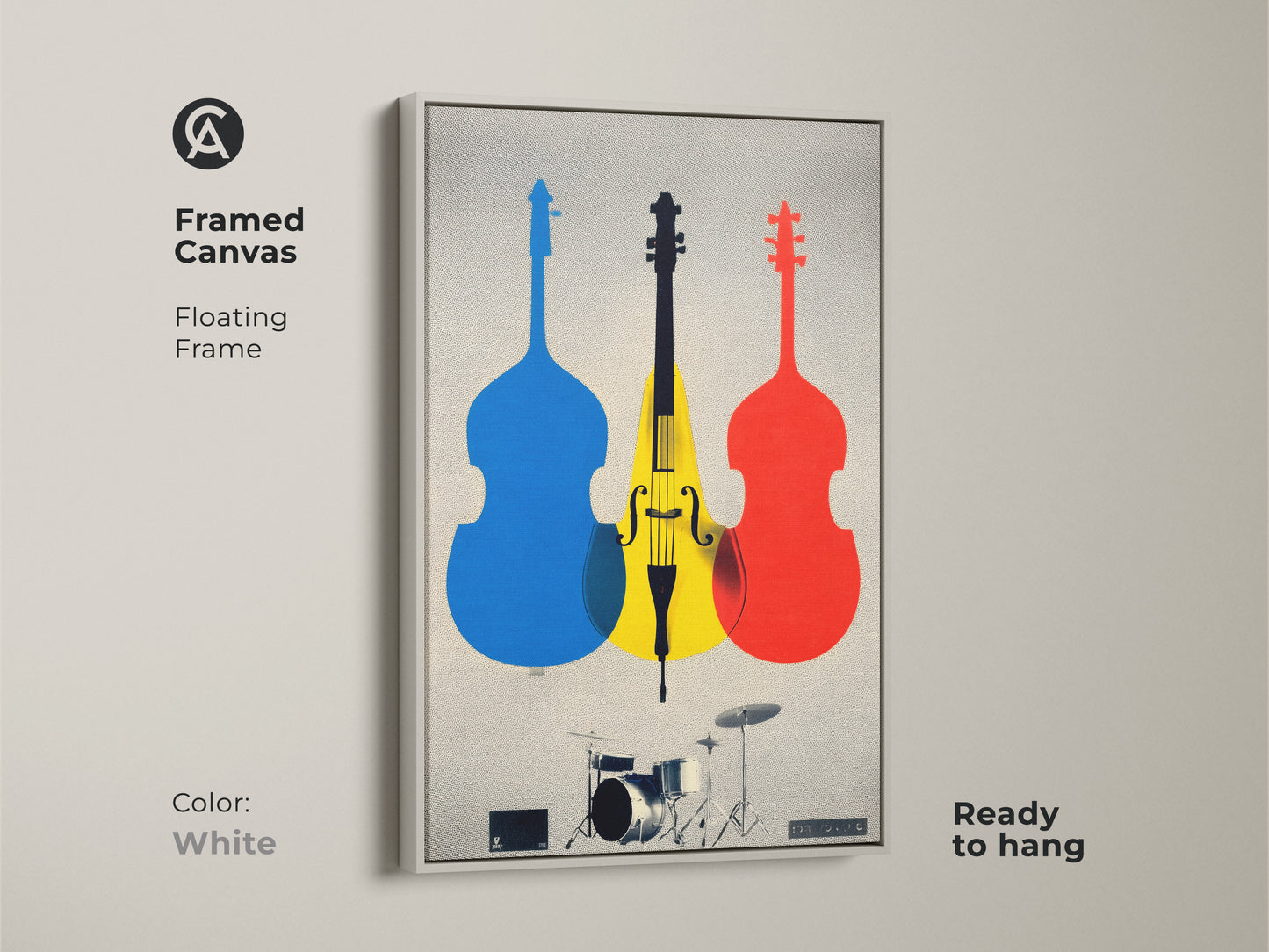 Framed canvas with a white floating frame features a cello and drum set art. This abstract music poster enhances any space. Display the modern wall hanging in blue yellow and red tones. It's perfect as home office music art or band practice room decor. The unique instrument art makes a great gift.