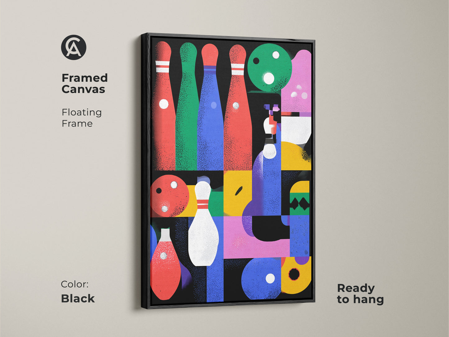 Framed canvas featuring abstract geometric bowling artwork with a black floating frame. This mid-century modern art print is ready to hang as game room wall decor. This sports canvas art makes a great gift for bowling fans. This eclectic home decor piece showcases red blue and pink abstract shapes adding a modern touch.