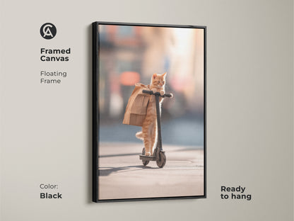 Framed canvas featuring a cat on a scooter. The black floating frame enhances the artwork. This ready-to-hang art adds charm to any room. Perfect for cat lovers and unique home decor.