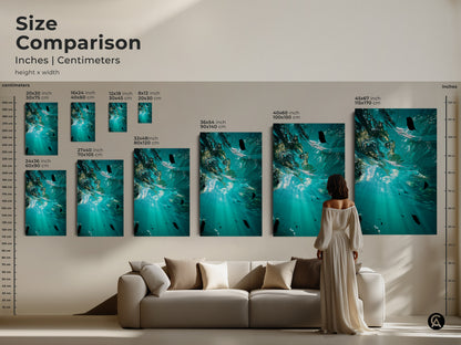 Size comparison of underwater ocean artwork in various sizes from small to large. Canvas and poster prints displayed above a couch. Teal and aqua colors create a stunning coastal aesthetic decor.