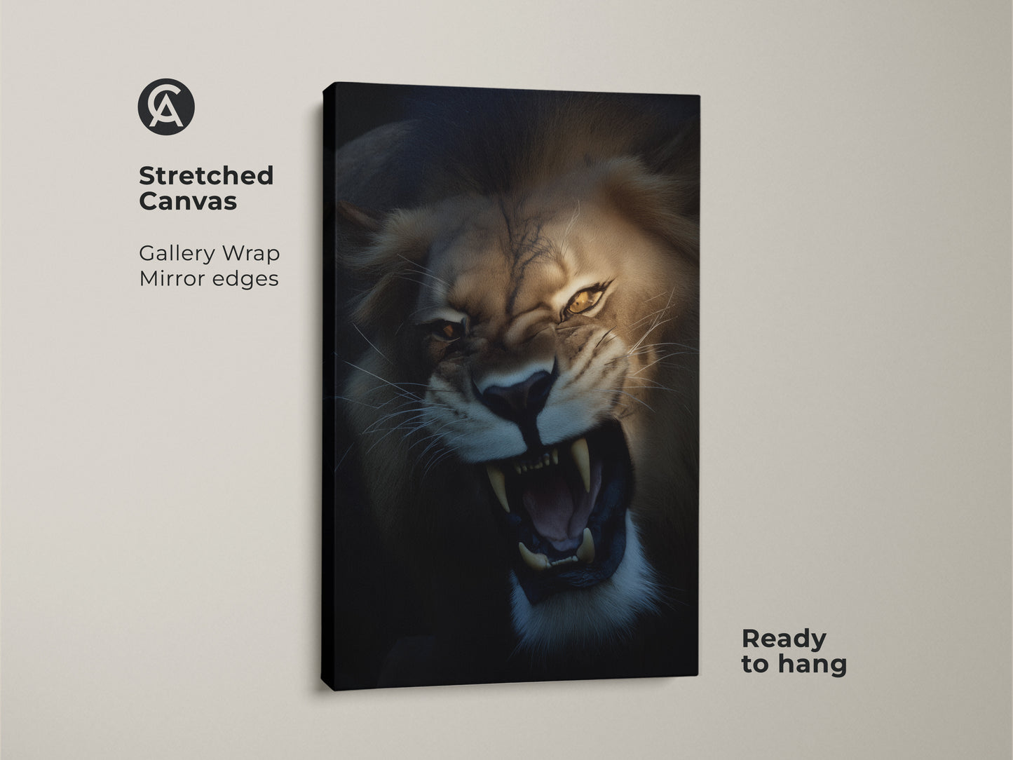 Close up of a roaring lion canvas print. The photorealistic lion art highlights its fierce expression. The golden yellow mane wall art is ready to hang and features mirrored edges. This wildlife animal canvas creates a bold statement piece.