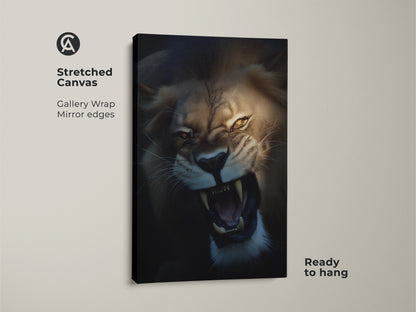 Close up of a roaring lion canvas print. The photorealistic lion art highlights its fierce expression. The golden yellow mane wall art is ready to hang and features mirrored edges. This wildlife animal canvas creates a bold statement piece.