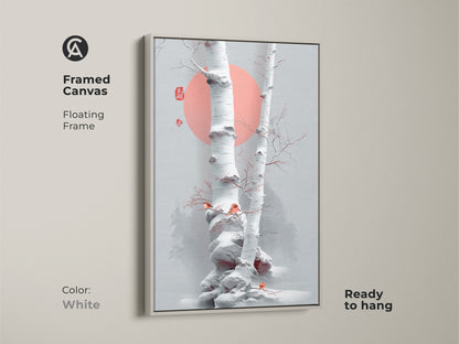 White framed canvas showcasing minimalist birch tree artwork. Scandinavian winter birds accentuates this Japanese ink nature art. The floating frame emphasizes the coral sun wall decor. Ideal neutral tone wall decor is ready to hang.