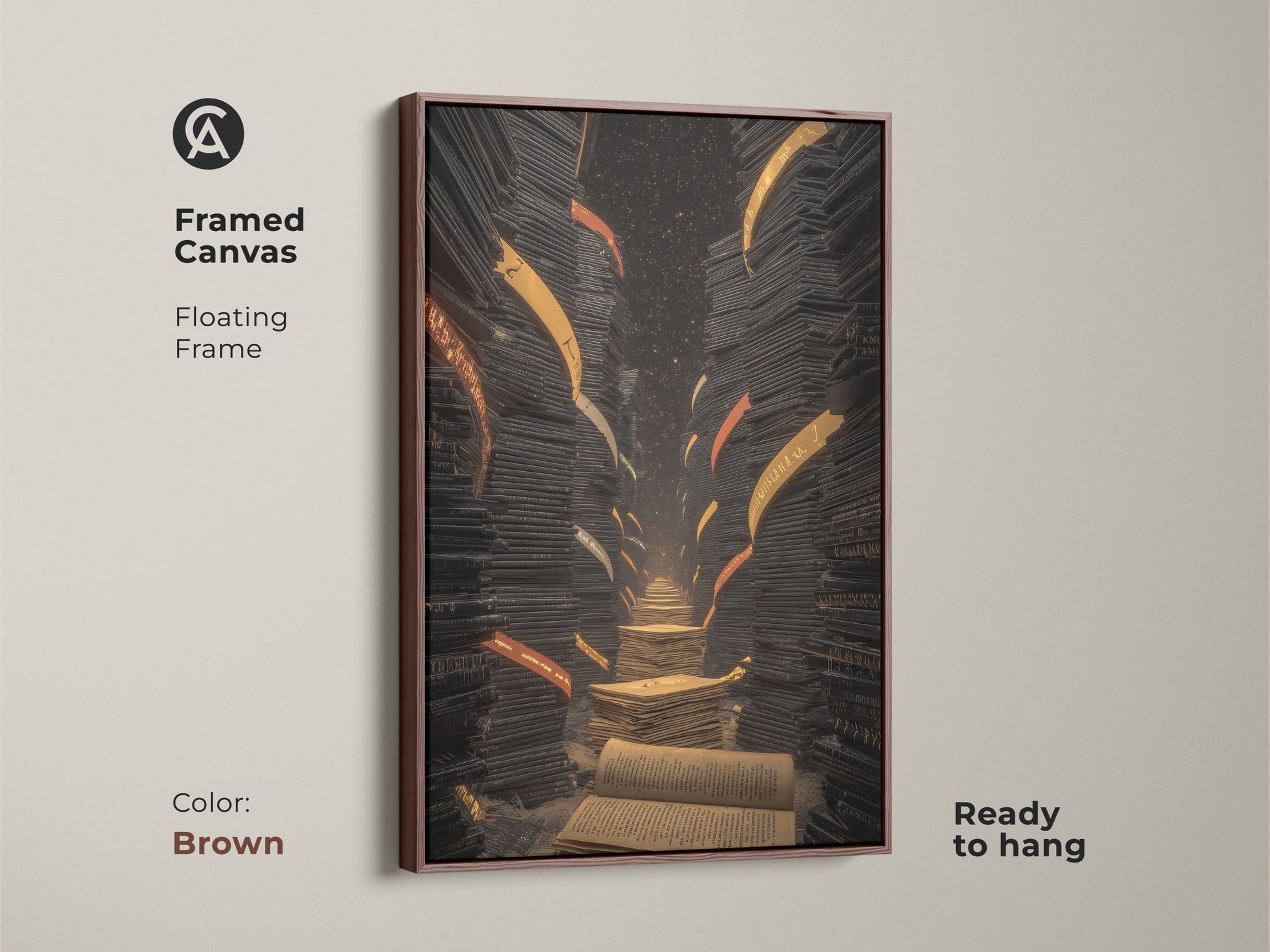 Framed canvas of a surreal library staircase artwork. The floating frame is brown. It features books in an eclectic black gold orange style. Ready to hang for a study room or office decor.