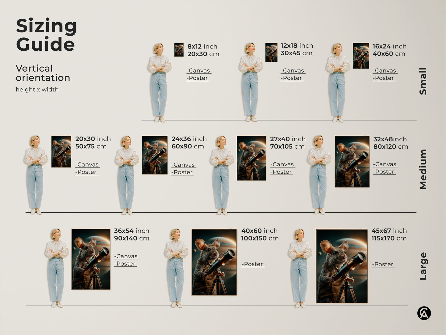 Sizing guide showing canvas and poster prints in various sizes. The artwork features a mouse with a telescope exploring space. This office study decor comes in vertical orientations. Great as a unique gift for him or a celestial mouse painting collector.
