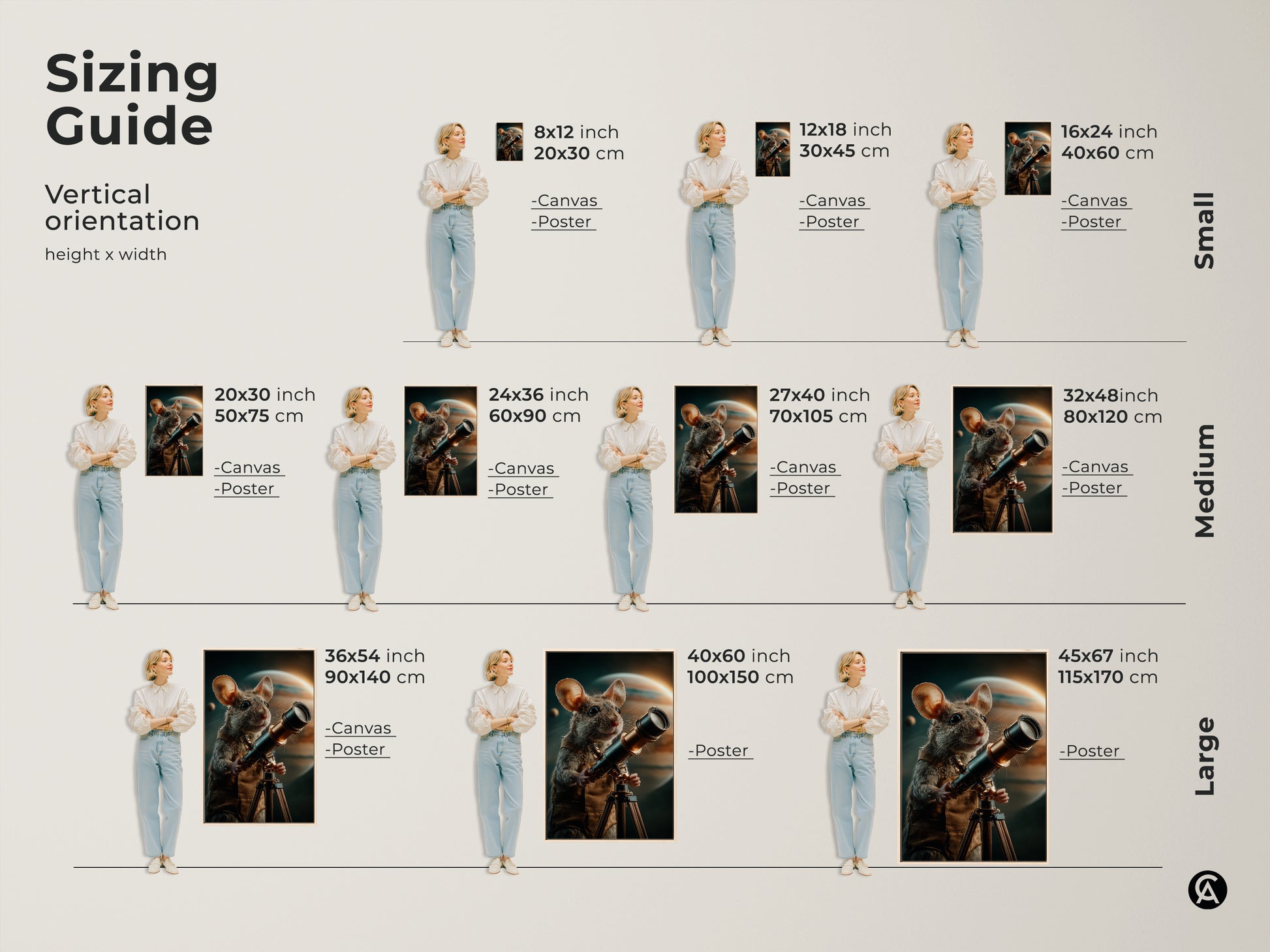 Sizing guide showing canvas and poster prints in various sizes. The artwork features a mouse with a telescope exploring space. This office study decor comes in vertical orientations. Great as a unique gift for him or a celestial mouse painting collector.
