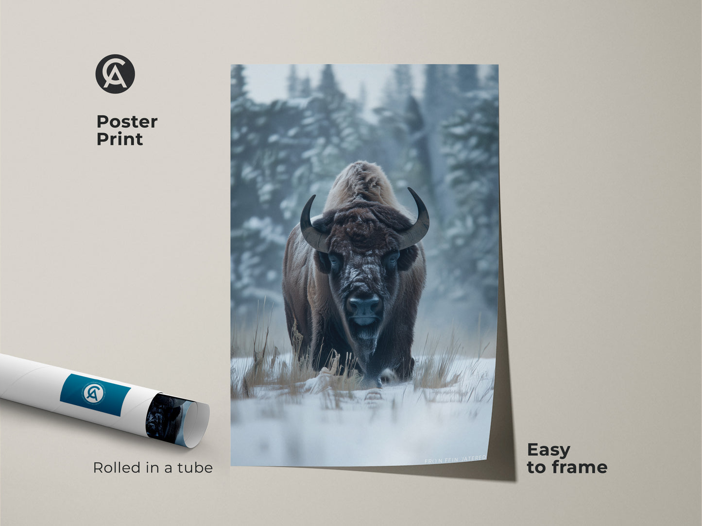 Poster print of a bison in a snowy forest. The artwork is rolled in a tube for protection. It is easy to frame. This high-quality animal poster brings nature indoors. A perfect addition to any art collection. Enhance your decor today.