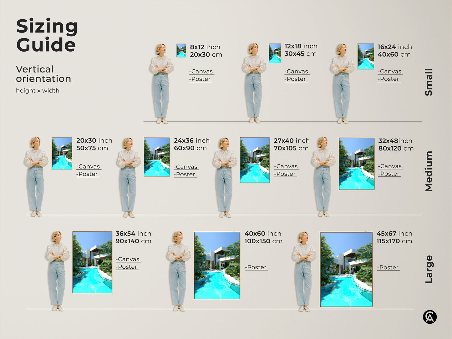 Find the perfect size with our vertical orientation sizing guide. See how the modern villa art looks in various dimensions. Featuring a turquoise pool and palm trees this contemporary architecture print is ideal for any space. Available in canvas and poster prints.
