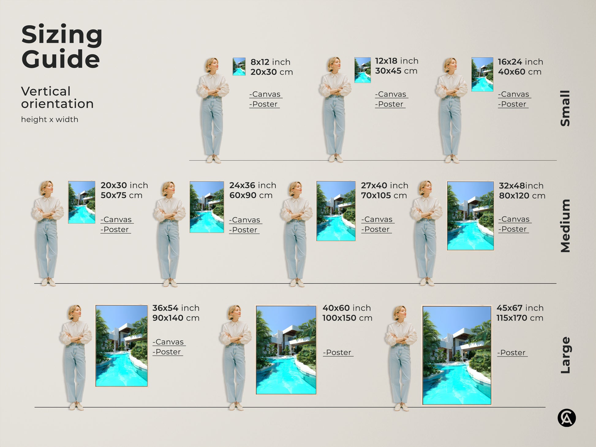 Find the perfect size with our vertical orientation sizing guide. See how the modern villa art looks in various dimensions. Featuring a turquoise pool and palm trees this contemporary architecture print is ideal for any space. Available in canvas and poster prints.