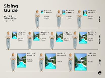 Find the perfect size with our vertical orientation sizing guide. See how the modern villa art looks in various dimensions. Featuring a turquoise pool and palm trees this contemporary architecture print is ideal for any space. Available in canvas and poster prints.