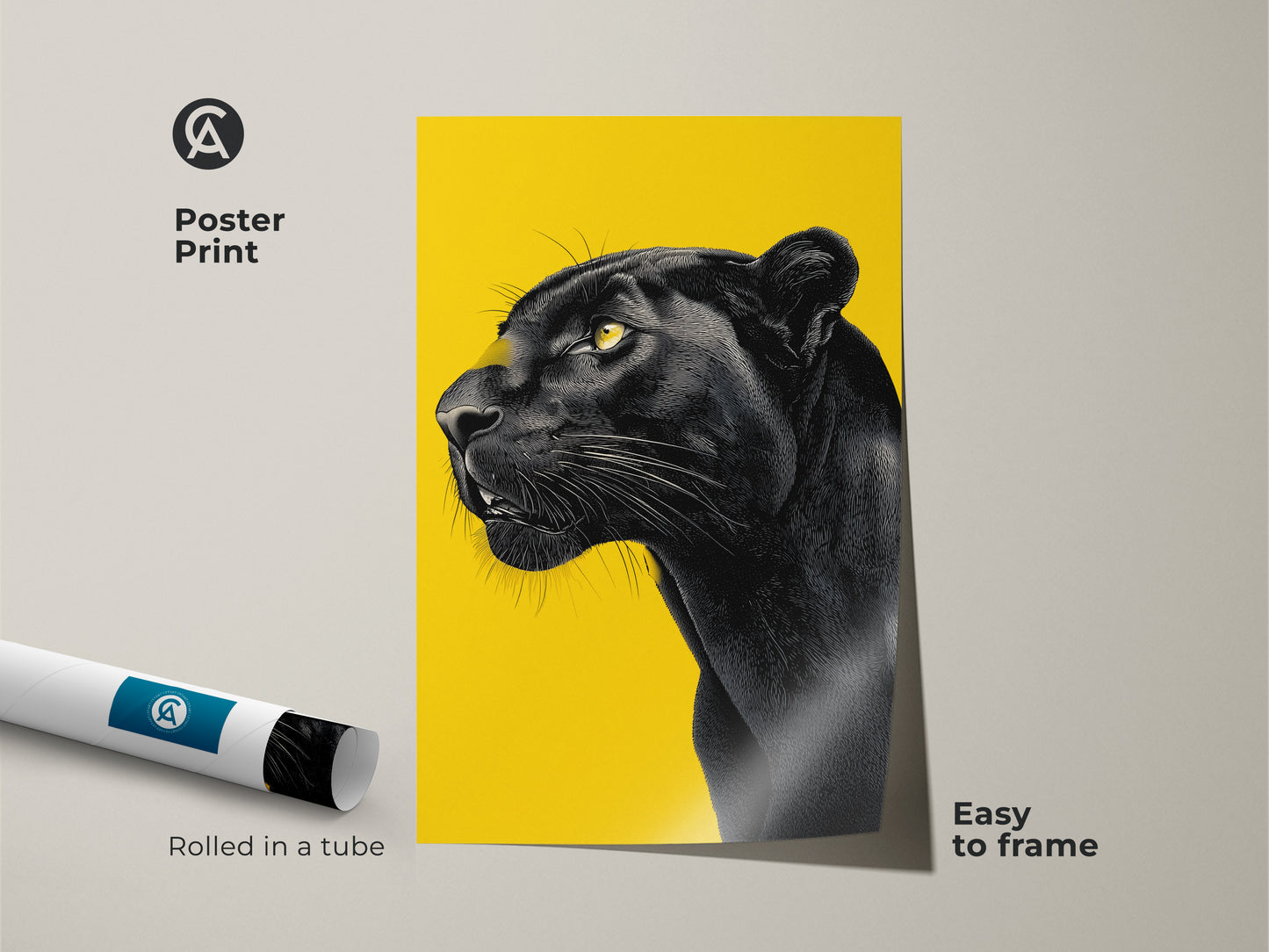Poster print of a striking black panther illustration set against a yellow background. The wildlife art is easy to frame and arrives rolled in a protective tube. This museum-quality paper print captures the fine details of the panther. The panther art is a simple way to add graphic art to your living space.