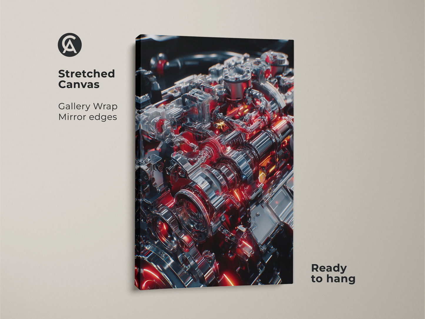 Stretched canvas gallery wrap of a mechanical engine. This artwork features detailed gears with silver and red accents. Ideal industrial garage decor. Futuristic car art that enhances a man cave or tech office. A perfect gift for mechanics and engineers. Ready to hang.
