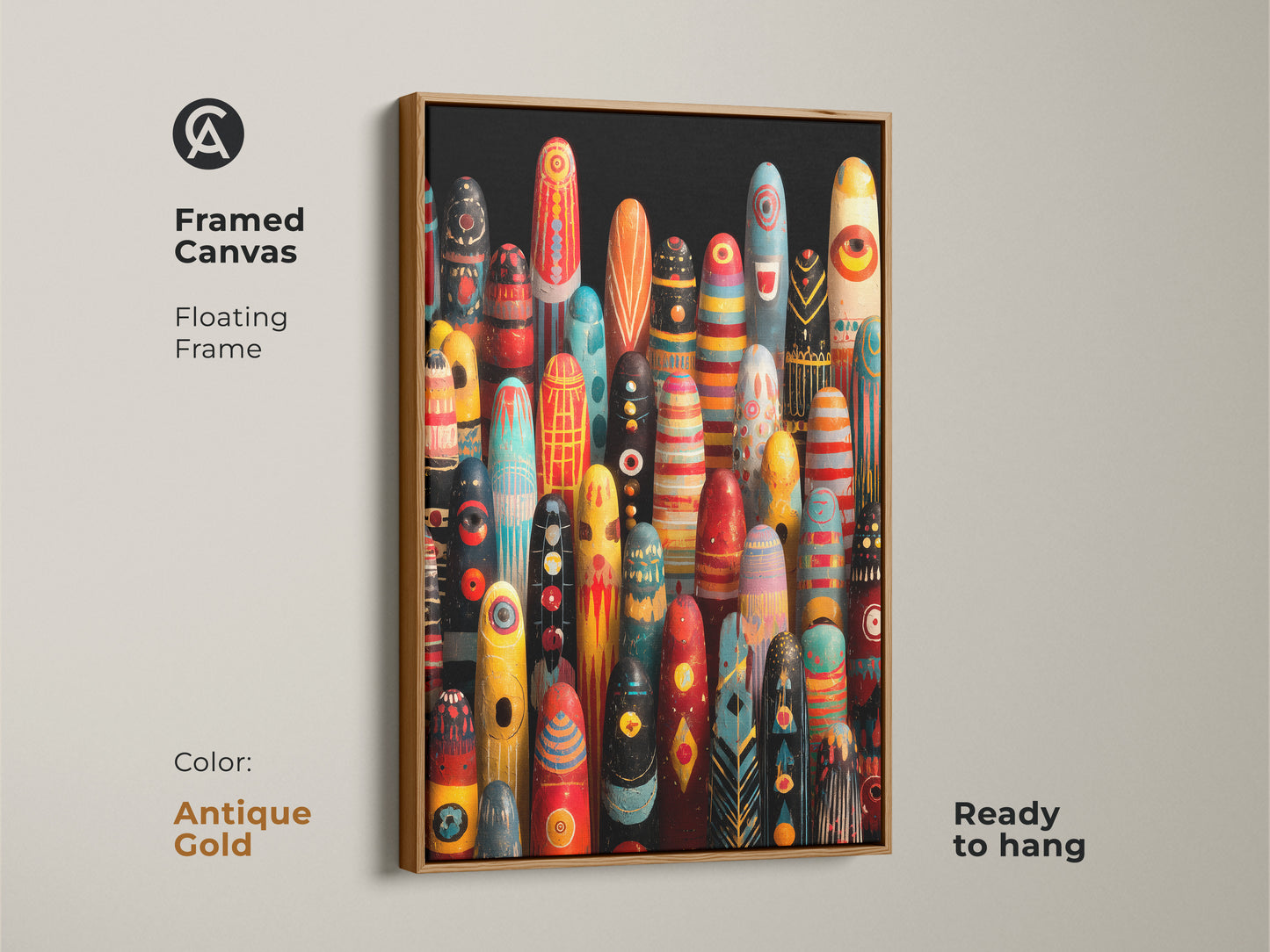 Framed canvas abstract tribal figurines wall art. The antique gold floating frame is ready to hang. The art print is for an eclectic home. See red yellow and teal folk art in a frame. Display canvas art abstract figurines in a unique way.