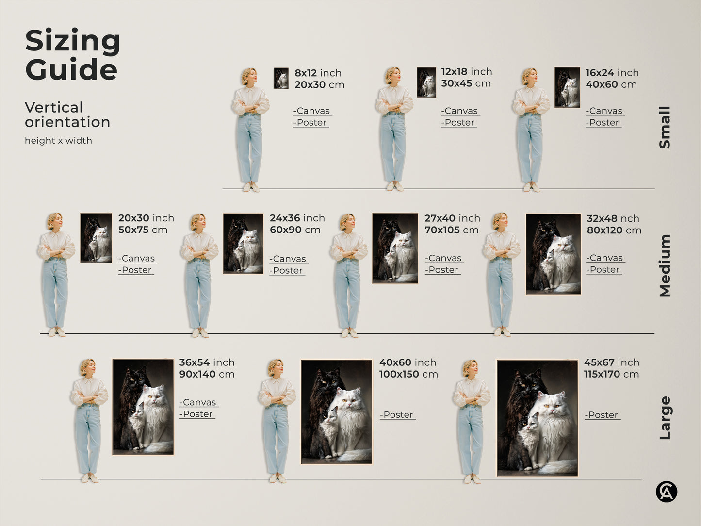 Sizing guide for vertical cat artwork. Choose from various sizes in canvas or poster prints. Sizes range from small to large. Find the perfect size for your space. View the size chart now. Buy cat art online.