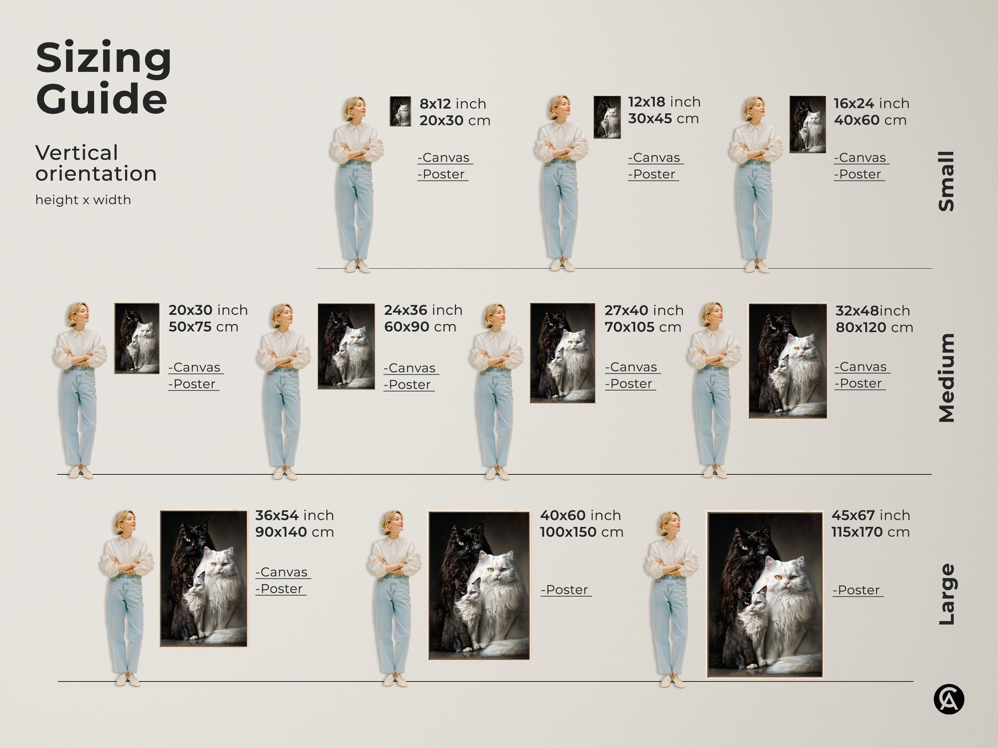 Sizing guide for vertical cat artwork. Choose from various sizes in canvas or poster prints. Sizes range from small to large. Find the perfect size for your space. View the size chart now. Buy cat art online.