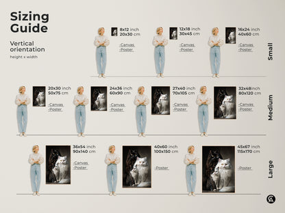 Sizing guide for vertical cat artwork. Choose from various sizes in canvas or poster prints. Sizes range from small to large. Find the perfect size for your space. View the size chart now. Buy cat art online.