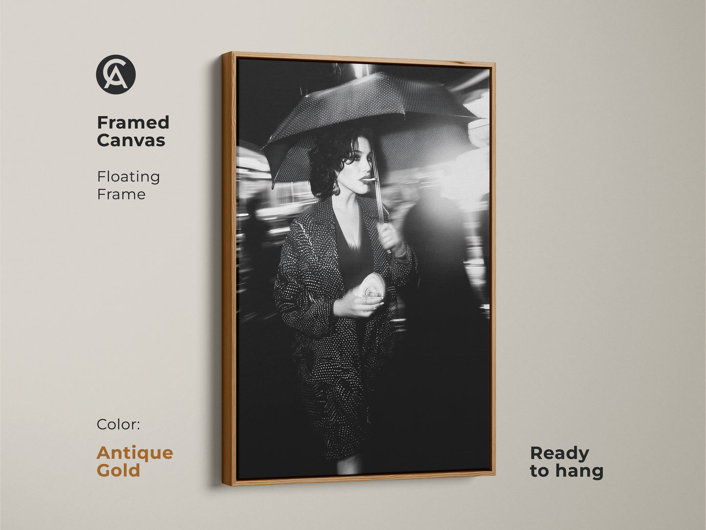 The antique gold floating frame enhances the elegance of this canvas. This framed canvas art arrives ready to hang. This striking street photography print features a monochrome woman with umbrella. A perfect fusion of fashion and art for chic spaces. Enhance your contemporary home.