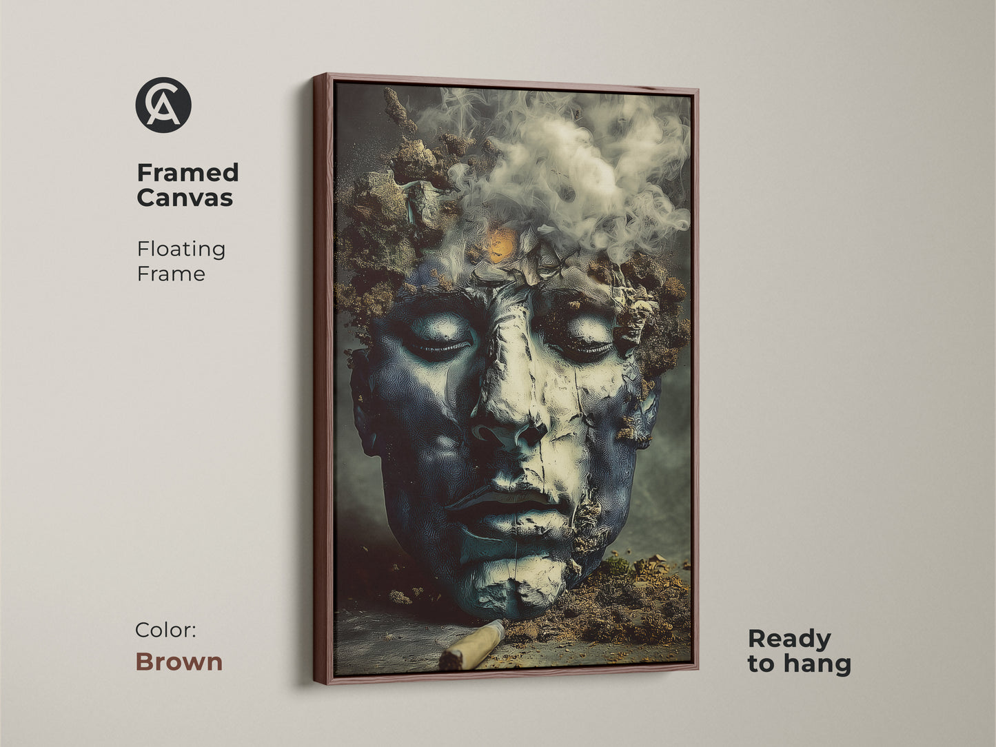 Brown framed canvas print of a surreal face. The deep blue charcoal art makes a unique statement. This abstract figurative artwork is ready to hang. It will enhance any eclectic home decor.