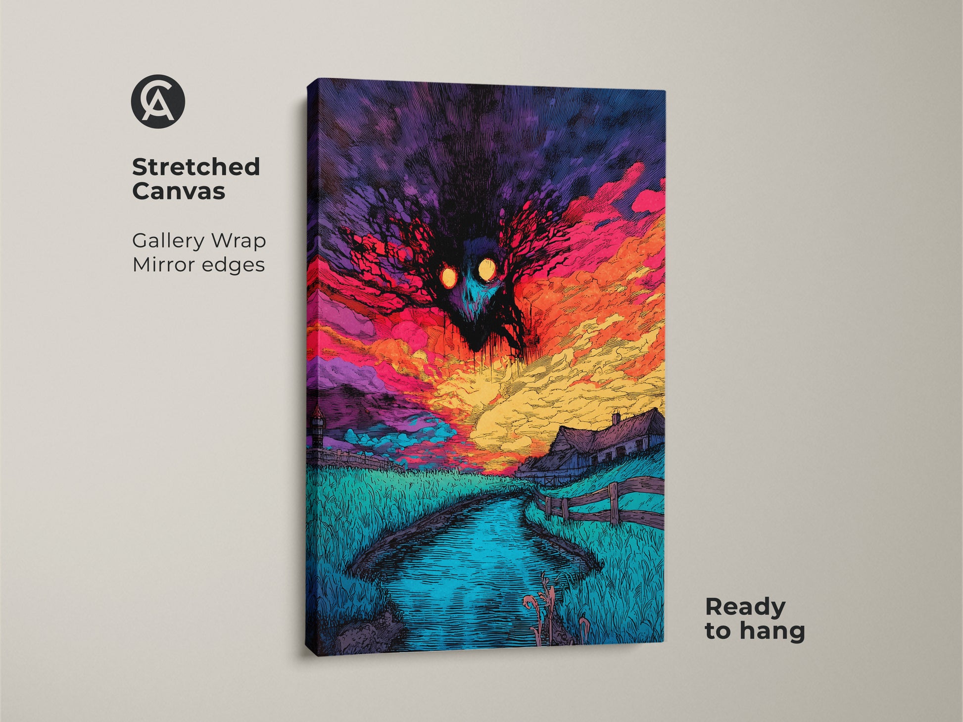 Stretched canvas artwork featuring a spooky monster over a farm landscape. Gallery wrapped with mirrored edges. The canvas is ready to hang. Perfect for adding a touch of horror to your walls.