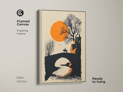 Framed canvas art presenting a horse rider on a bridge at sunset with a white floating frame. Ready to hang this minimalist landscape canvas print offers modern charm. The orange and black artwork enhances any room. A perfect gift for travelers adding a touch of rustic beauty to your home decor.
