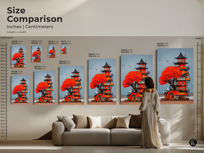 Size comparison of Japanese Pagoda coastal tower artwork. See the art print in various sizes and formats. Visualize this unique piece in a living space for your boho or coastal decor. A serene fantasy travel art.