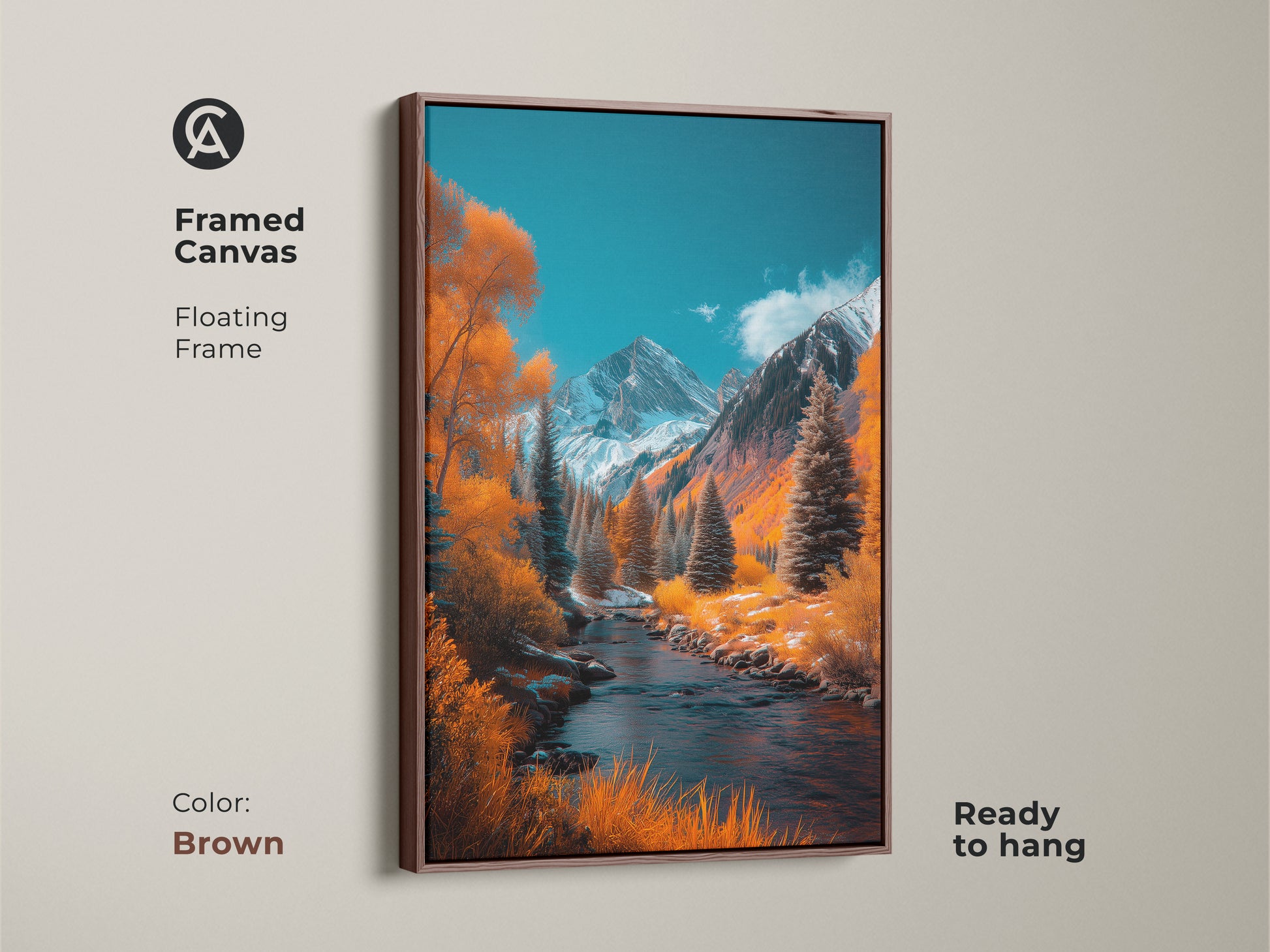 Brown framed canvas art displaying a picturesque mountain river scene. The combination of autumn colors and snow-covered mountains creates a striking image. A floating frame enhances the artwork's appeal it's ready to hang. Transform your home with this beautiful landscape painting.