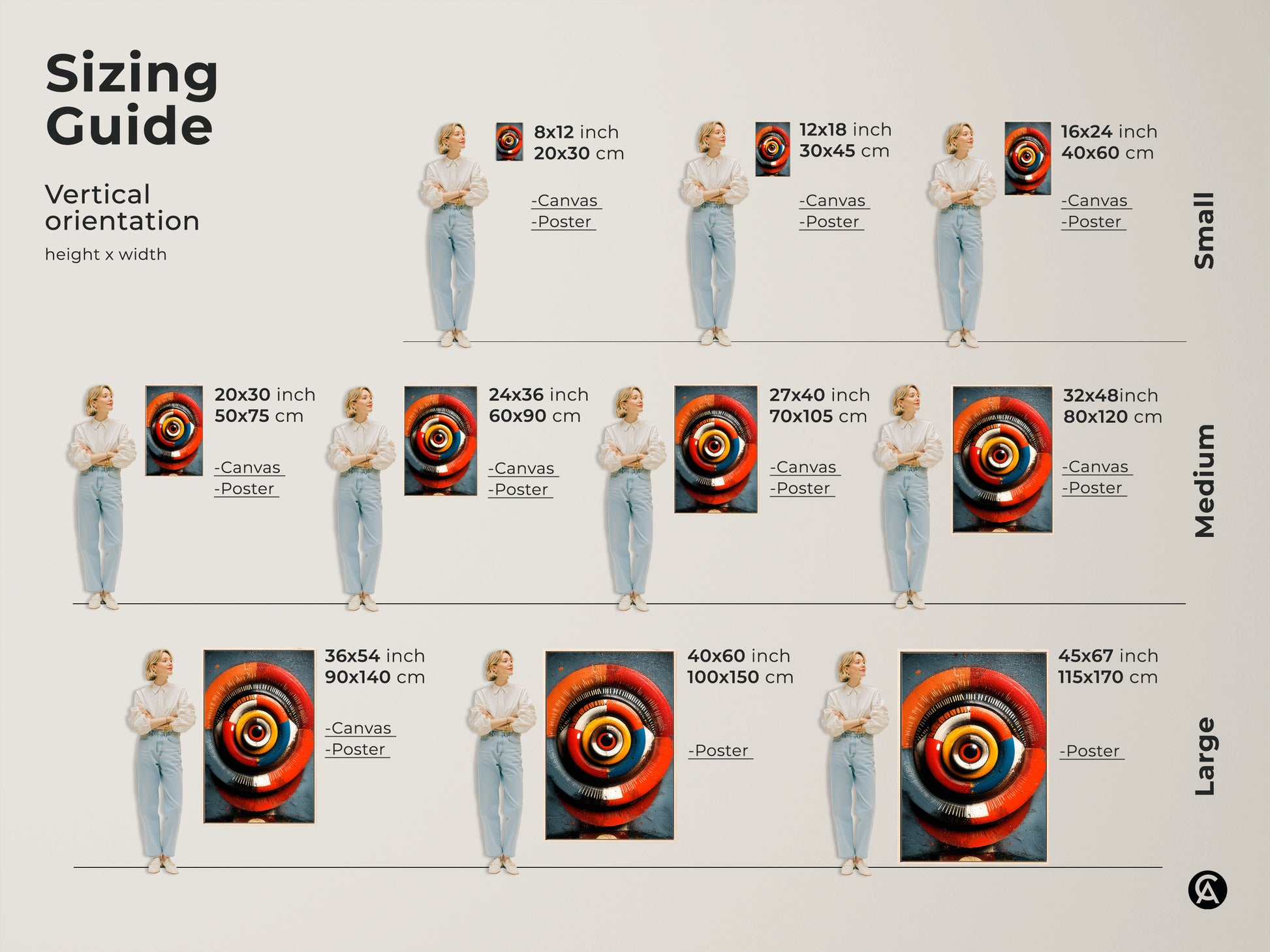 Size comparison of abstract eye artwork in various dimensions. Featuring a woman standing near framed and canvas prints. Ranges from small to large sizes in inches and centimeters. The red orange blue artwork offers a psychedelic optical illusion. Ideal as vibrant home decor or office wall art. Perfect for modern living rooms.
