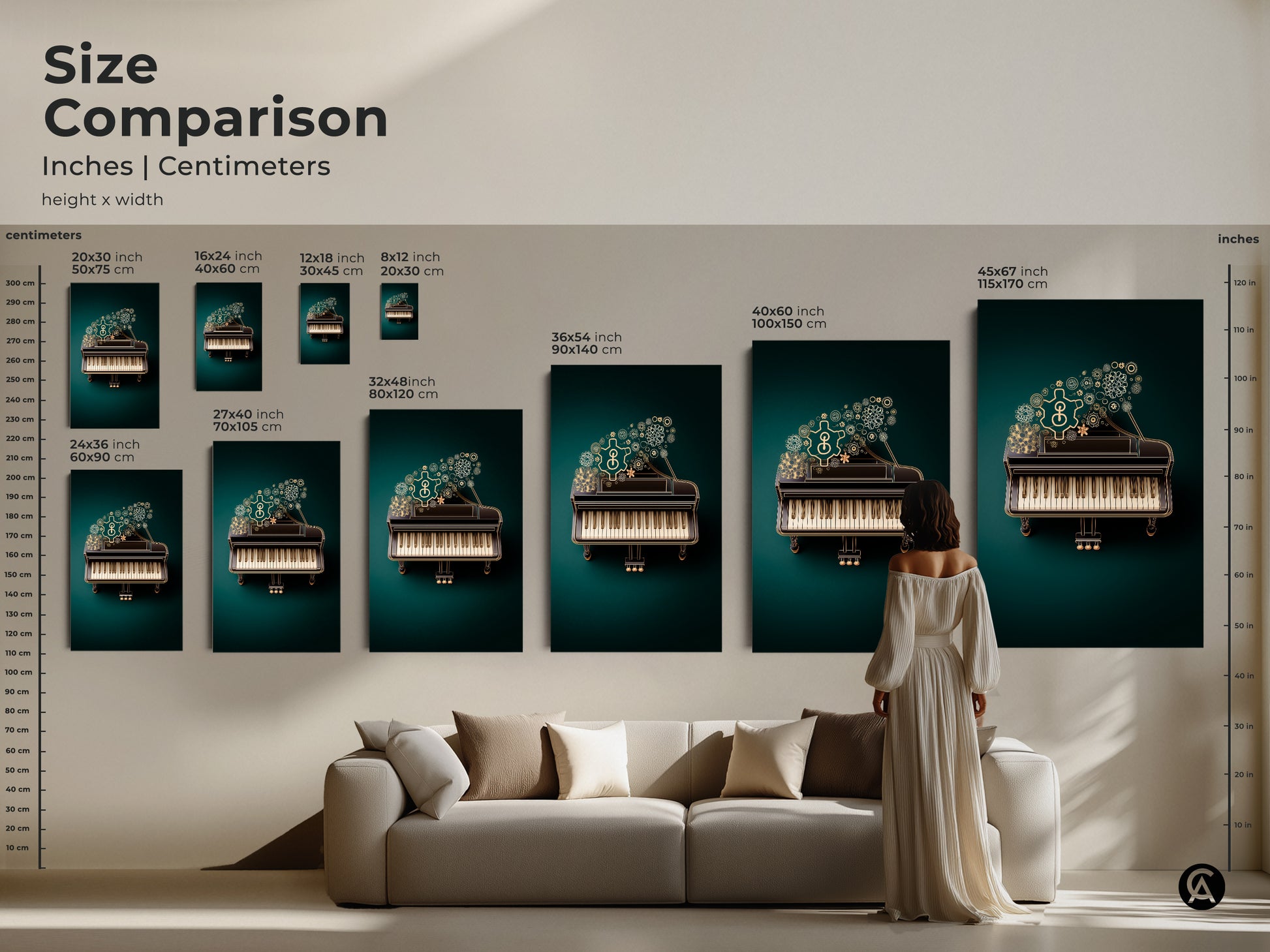 A size comparison showcases the Steampunk Grand Piano artwork in various dimensions. This emerald and gold mechanical art offers a unique wall decor option. See how this art enhances your space. Its an ideal choice for those who love music and vintage industrial style.