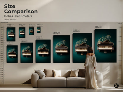 A size comparison showcases the Steampunk Grand Piano artwork in various dimensions. This emerald and gold mechanical art offers a unique wall decor option. See how this art enhances your space. Its an ideal choice for those who love music and vintage industrial style.