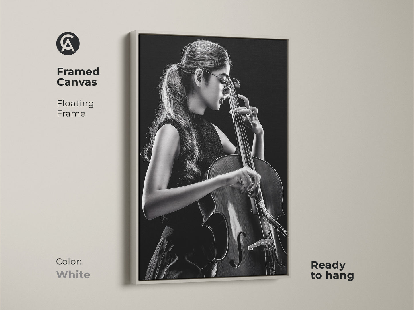 Framed canvas features a cellist. The artwork presents a floating frame in white. Ready to hang this contemporary piece offers a clean modern look. This musician wall art is perfect for minimalist spaces and music lovers.